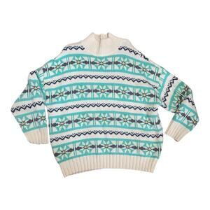 American Eagle women's large knit mock neck sweater white blue nordic fair isle